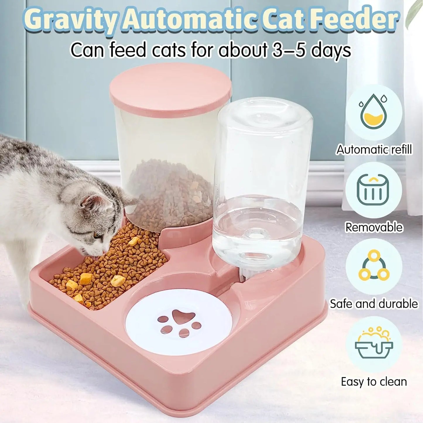 自動猫給餌器&ウォーターディスペンサーセット – 2 in 1 傾斜型自動ペットフード&水分補給器 グラビティ給餌器と水分補給器