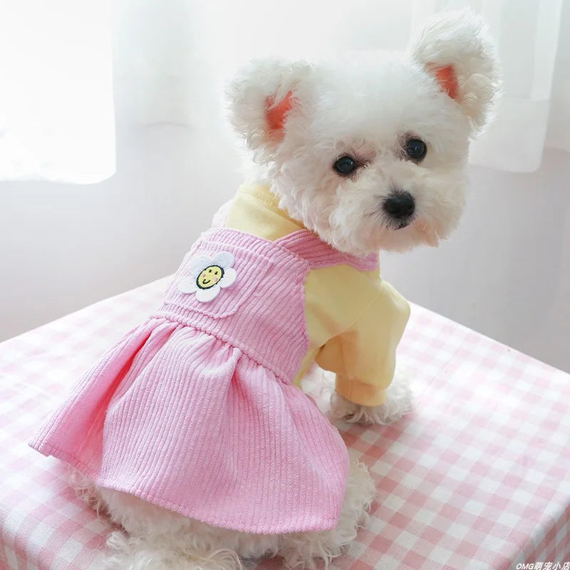 1個 ペットウェア 犬 猫 秋冬用 厚手 暖かい ピンクのひまわりプリンセスドレス 小型・中型犬向け