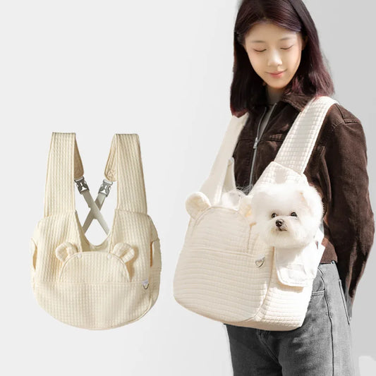 大容量ポータブルペットキャリーバックパック 快適なコットン製ペット旅行バッグ 小型犬と猫用、確実なスナップクローズ付き