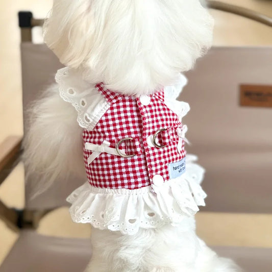 商品名: ペット用ドッグウェア レーススカート 牧歌スタイル ブラックチェック ハーネス付き子犬用ドレス ユニバーサルハーネス牽引可能 レトロプリンセスドレス