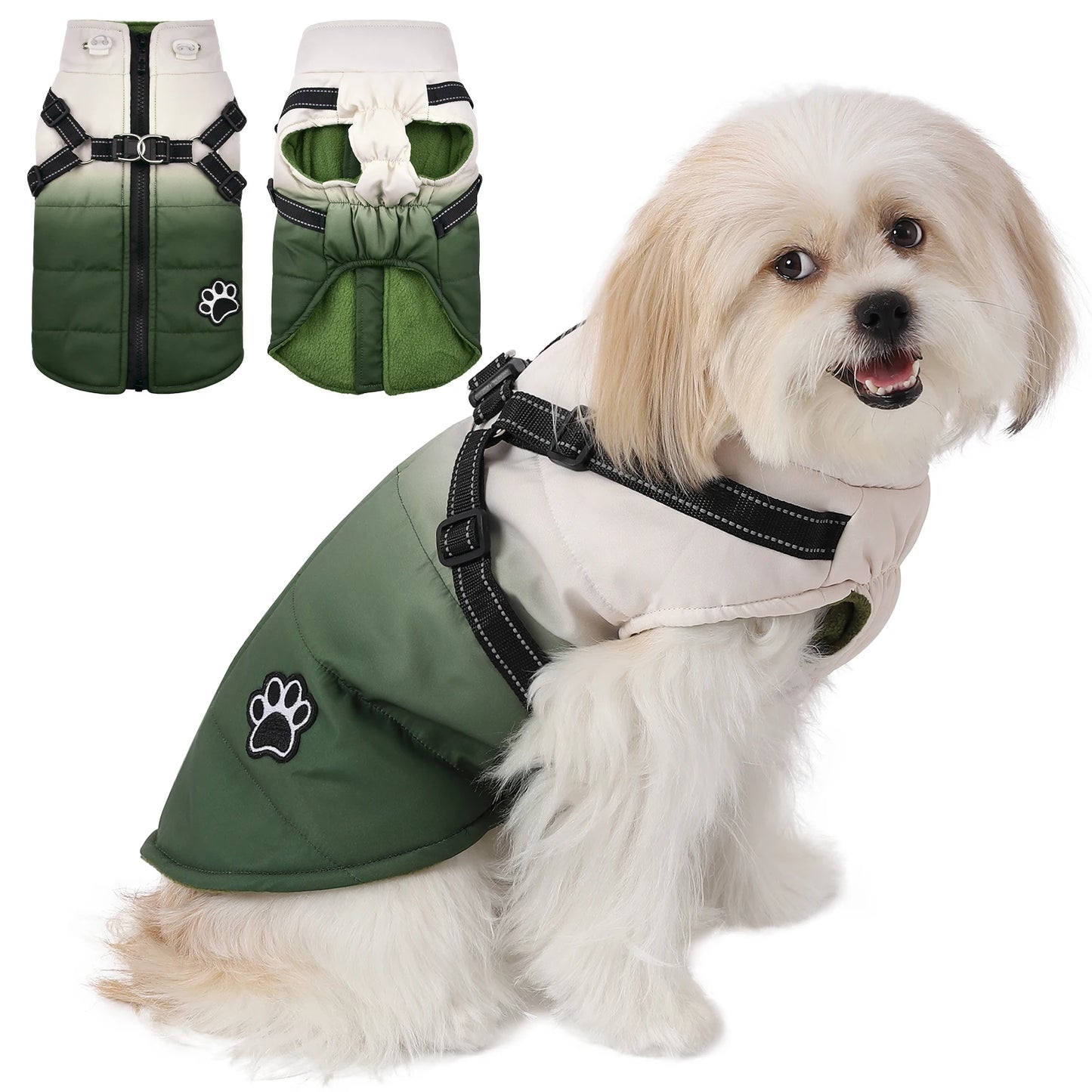 ペット用犬ジャケット ハーネス付き 冬用温かい背面ジッパーコート 小中大型犬用 風防 厚手 反射素材の服