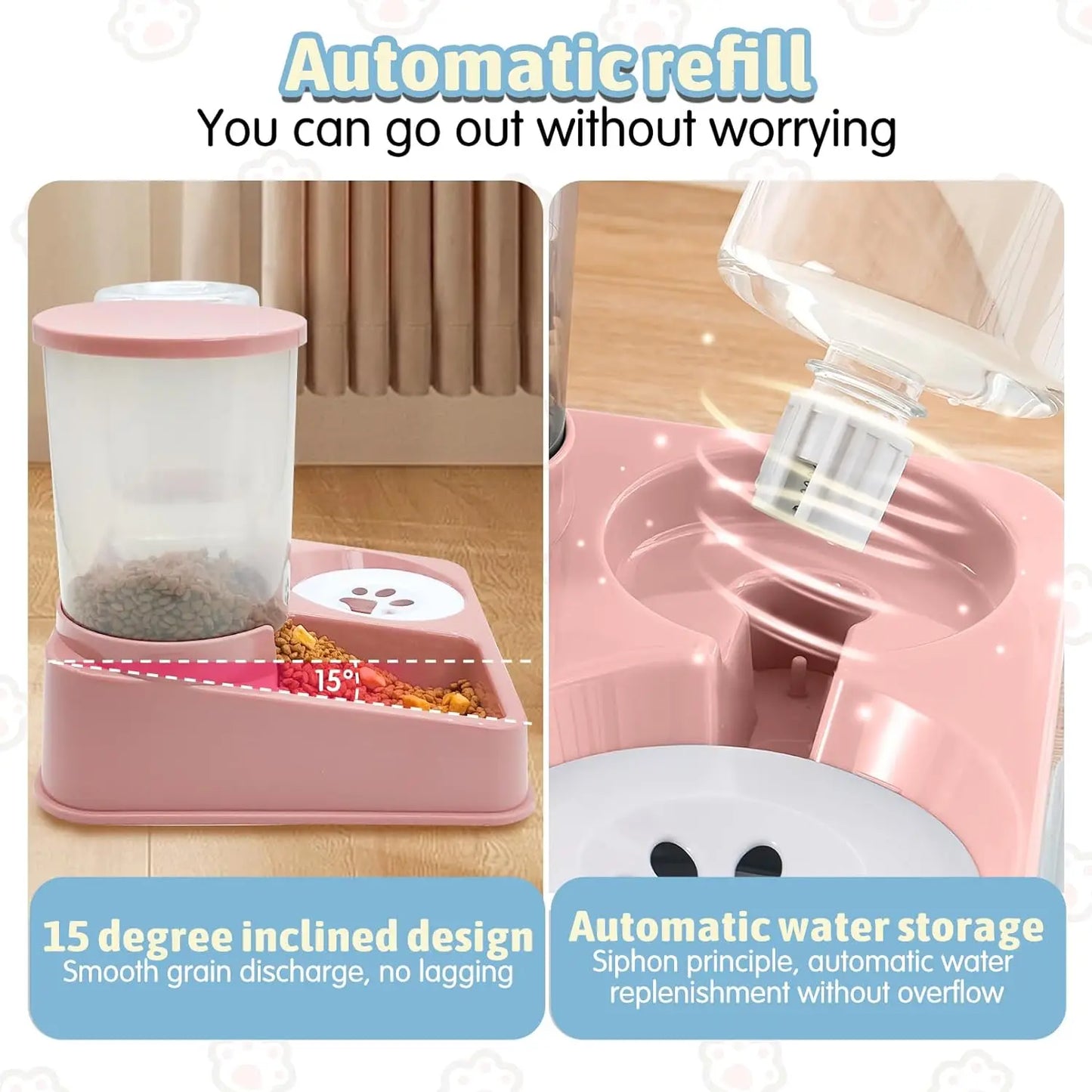 自動猫給餌器＆ウォーターディスペンサーセット – 2 in 1 傾斜型自動ペットフード＆水分補給器 グラビティ給餌器と水分補給器