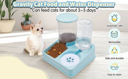 自動猫給餌器＆ウォーターディスペンサーセット – 2 in 1 傾斜型自動ペットフード＆水分補給器 グラビティ給餌器と水分補給器