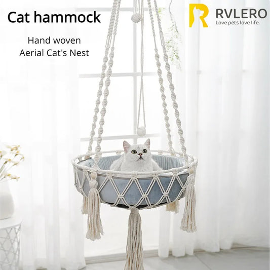 新しいペットハンモック キャットスウィング 手織りコットンロープ 猫用吊りバスケット 子猫用ハンギングストリングデン 室内用ペットネスト