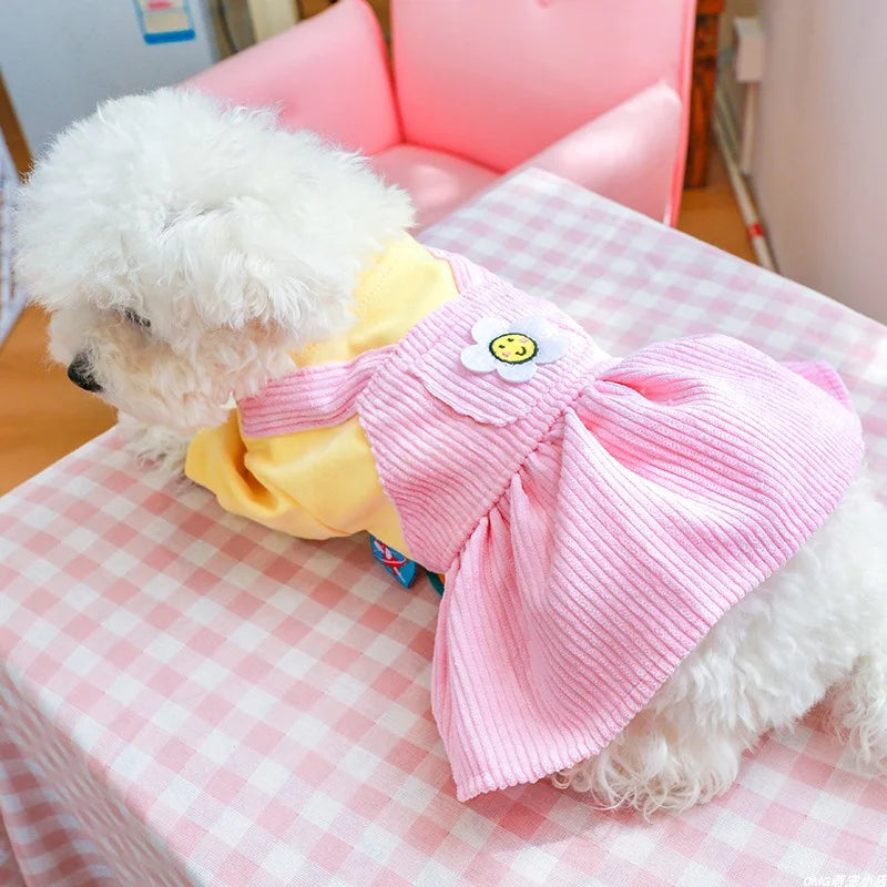 1個 ペットウェア 犬 猫 秋冬用 厚手 暖かい ピンクのひまわりプリンセスドレス 小型・中型犬向け